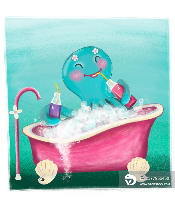 章鱼洗澡喝柠檬水。可爱的卡通人物。