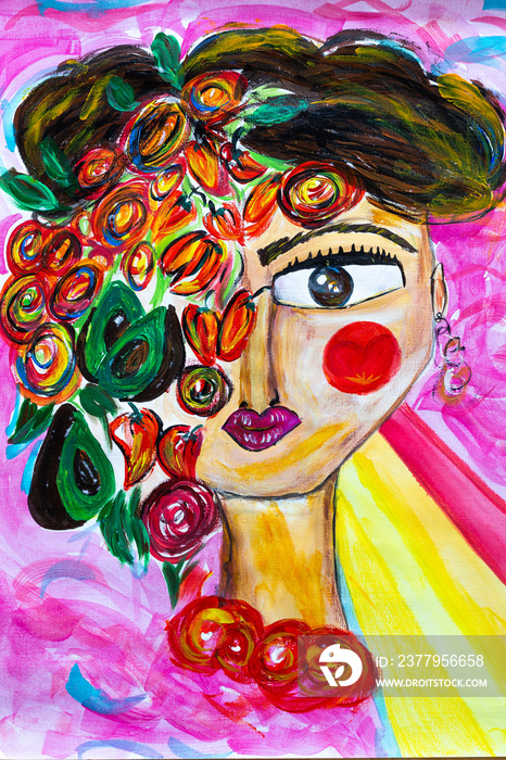 流行艺术墨西哥女孩frida kahlo粉色、绿色、橙色