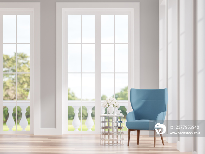 Modern classic living room with blue lounge chair 3d render.The Rooms have wooden floors and gray wa