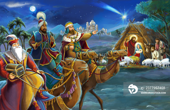 宗教插图三王-和神圣的家庭-传统场景-儿童插图