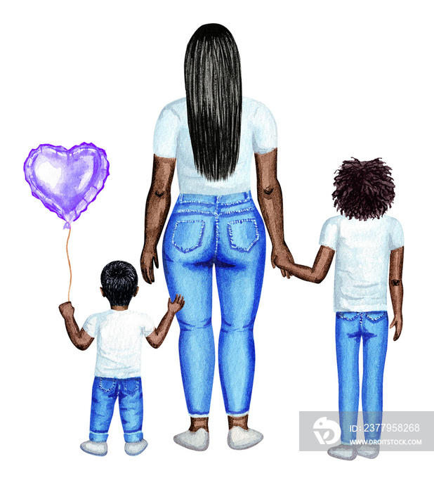 母亲节水彩插图。非洲家庭。母亲和她的孩子，站着，后视。