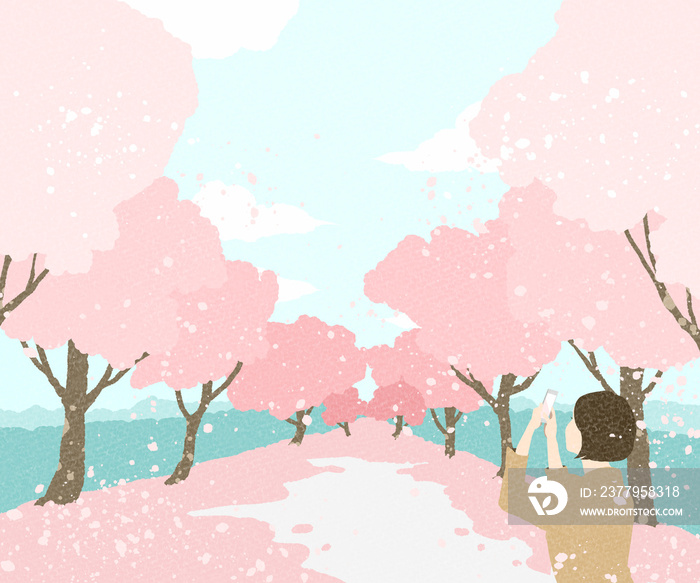 桜並木をスマホで撮影する女性のイラスト
