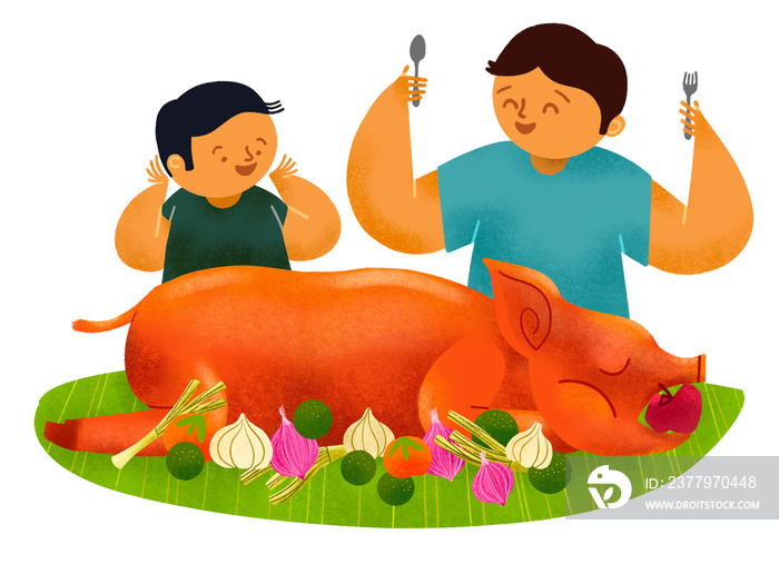 Filipino father and son eating lechon roasted pig