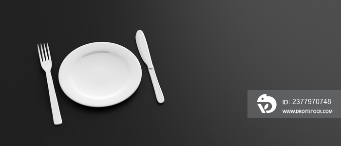 Empty white plate, fork and knife on black color background, banner. 3d illustration
