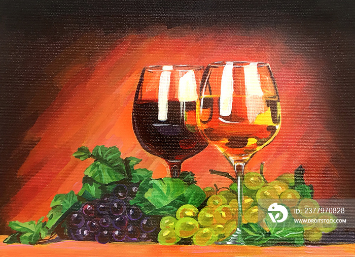 Oil painting depicting a still life of red and white wine glasses and grapes