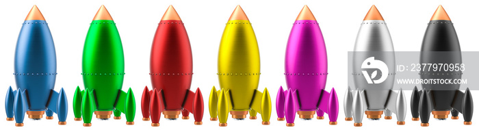 Retro colored toy spaceship rockets, 3D rendering