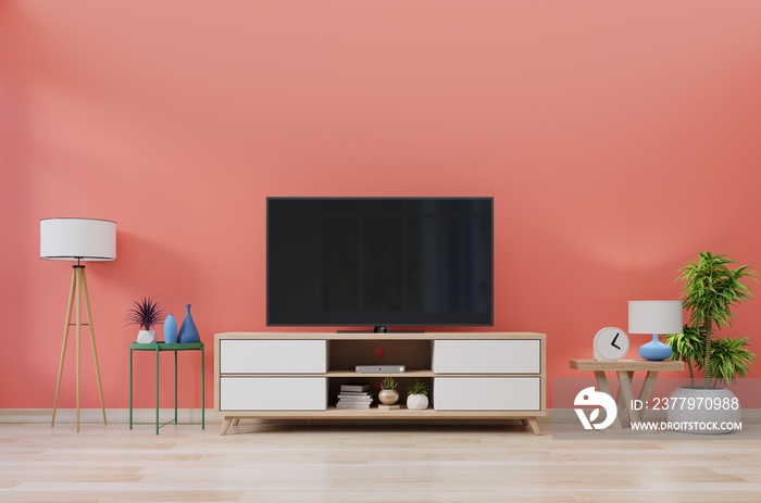 TV in modern room with decoration on living coral color wall background,3d rendering