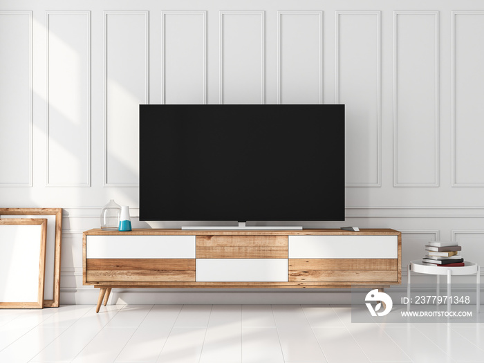 Large Smart Tv mockup standing on the modern console in living room with decor