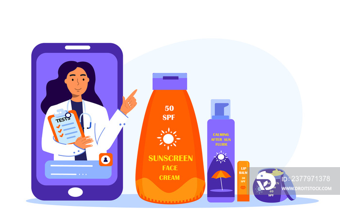 Online medicine mobile app. Dermatologist Female Doctor on phone screen recommend Sunscreen, Sunbloc