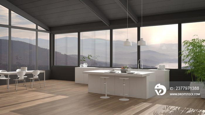 带岛的现代极简主义厨房和带椅子的餐桌、镶木地板、木屋顶和b
