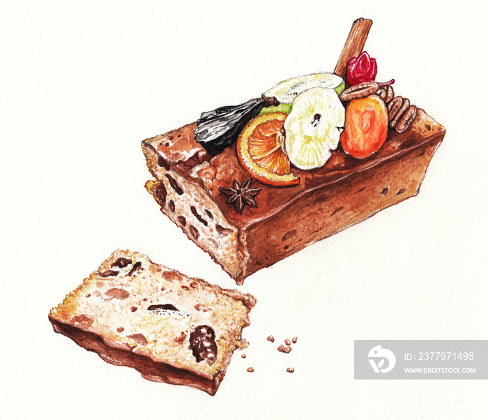 Dark rum Fruitcake. Hand watercolor painting on paper.