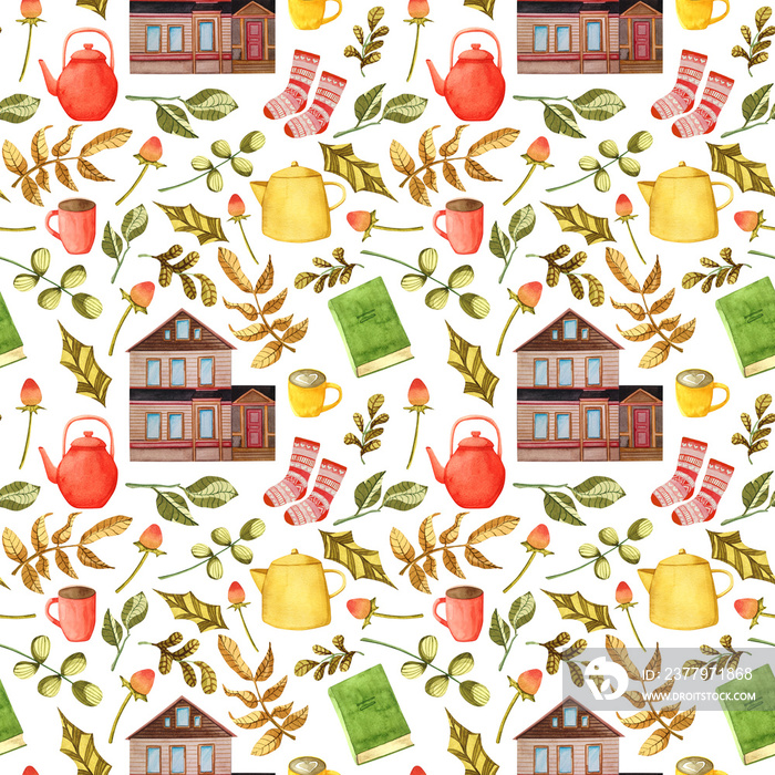 Watercolor autumn cozy pattern. Seamless print with houses, leaves, berries, books, teapots and cups