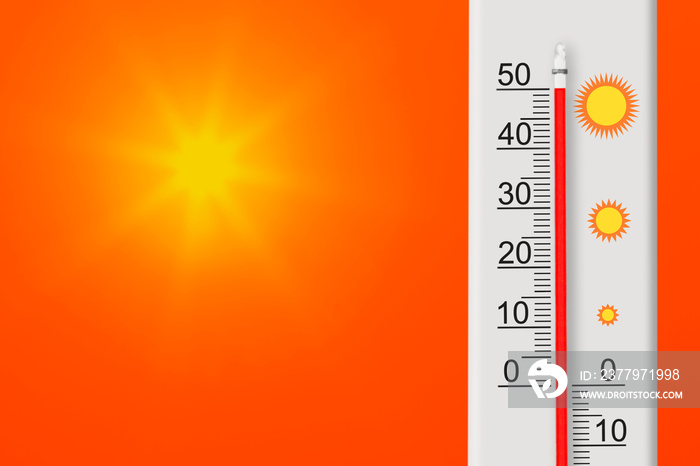 摄氏度温度计显示正50度。红色天空中的黄色太阳。夏季炎热