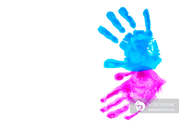 Colorful childs handprints isolated on white with copy space. World autism awareness day concept.