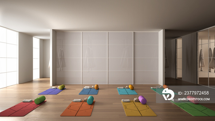 空荡荡的瑜伽馆室内设计，空间里有垫子、吊床、枕头和彩色配件，parqu