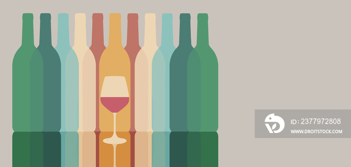 Colorful silhouettes of wine bottles are seen with one glass of wine. Muted colors.