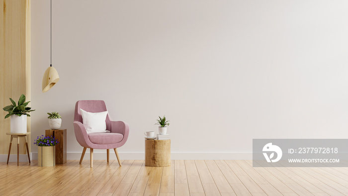 暖色调的客厅墙壁模型，配有粉色扶手椅和植物。