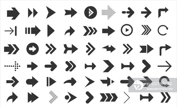 Arrows web collection on white. Modern graphic direction signs computer screen arrows set