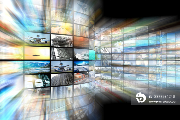 Wall of screens - streaming media, cable, Internet concept - 3D illustration