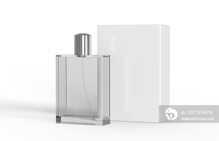 独立白色背景的香水瓶和包装盒，为您的设计演示做好准备。