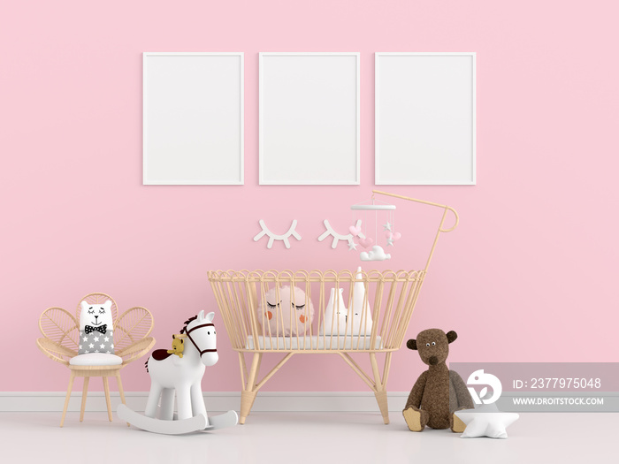 粉色儿童卧室，带框架模型，3D渲染