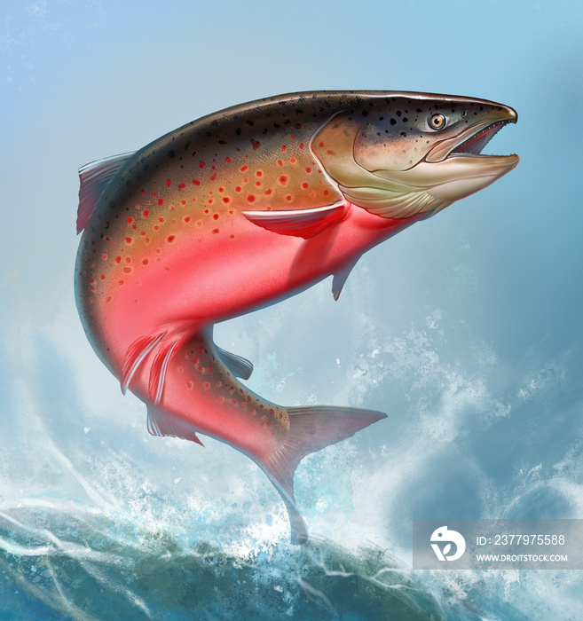 Atlantic salmon or pink salmon background on waves realismc illustration.