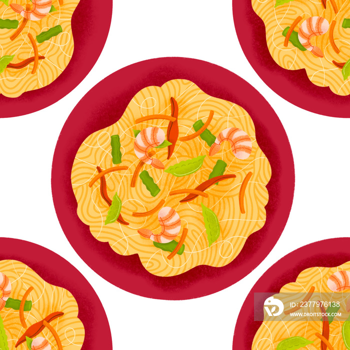 Filipino pansit bihon noodles with shrimp, green beans, and carrots on red plate, top view illustrat