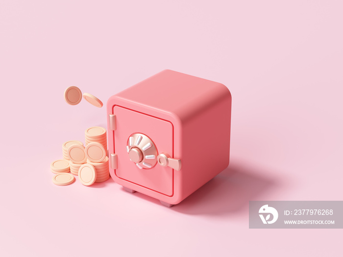 Red Safe box with gold coins stack font view on pink background. 3d render illustration