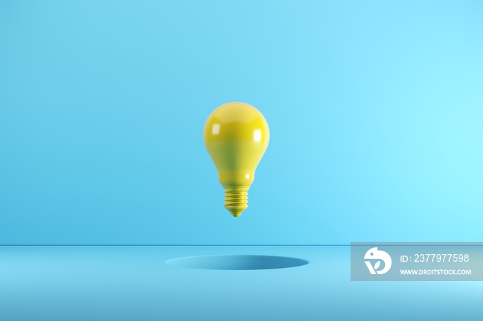 A yellow Light bulb floating on hole. Idea creative Concept. 3D render.