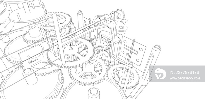 clockwork sketch mechanism 3d illustration