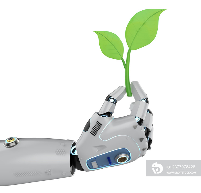 robot arm with green leaves