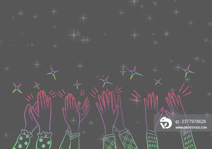 Digital generated image of multiple hands clapping against shining stars on grey background