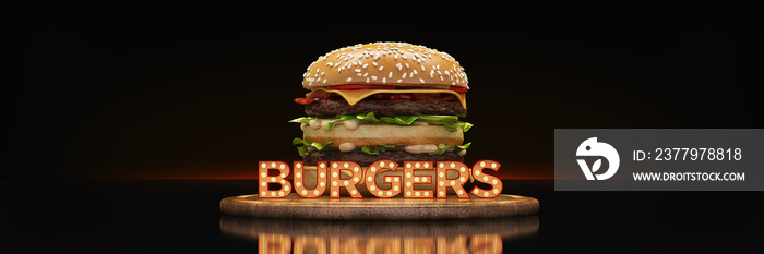 hamburger with neon sign. 3d rendering