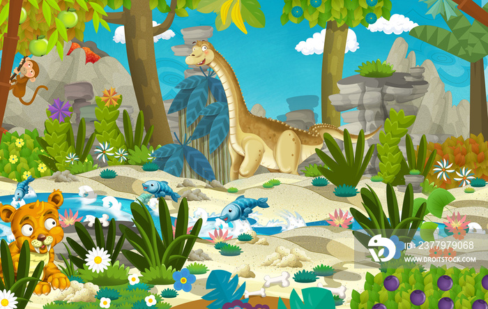 背景是河流和火山附近丛林中的恐龙梁龙的卡通场景-