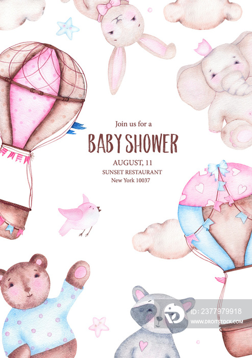 Watercolor it is boy girl baby shower with cute hot air balloon bear elephant