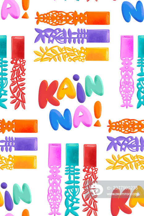 Filipino pastillas candy with handcut paper wrapper with  Kain Na!  (Lets Eat) lettering, grid illu