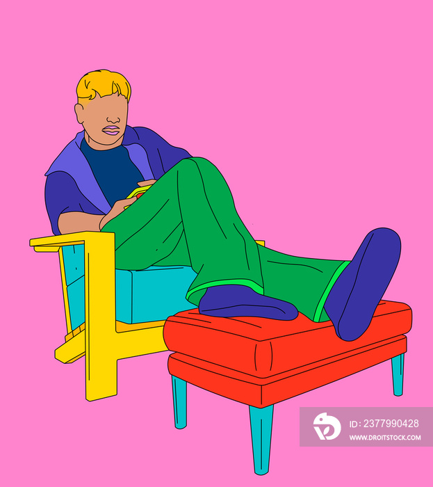 Person texting on a chair with their legs up on a pink background