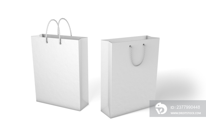 Mockup paper bag. Template of white package with handles and ropes for shopping isolated on white ba