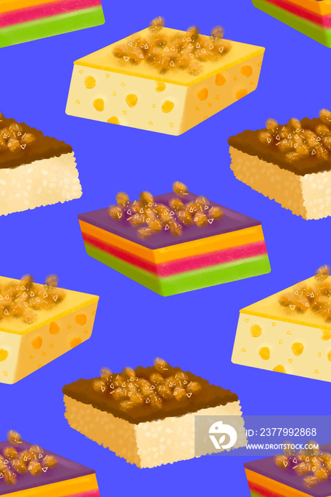 Filipino kakanin rice cake slices on blue background illustrated pattern