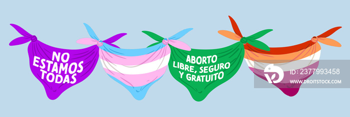 Pañuelos anudados por el aborto, derechos de las personas trans, bandera lésbica y morado feminista