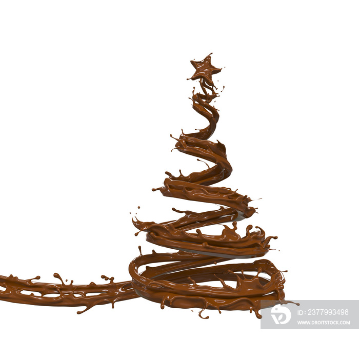 Christmas tree with star made from chocolate splash or cocoa, 3d illustration with clipping path.