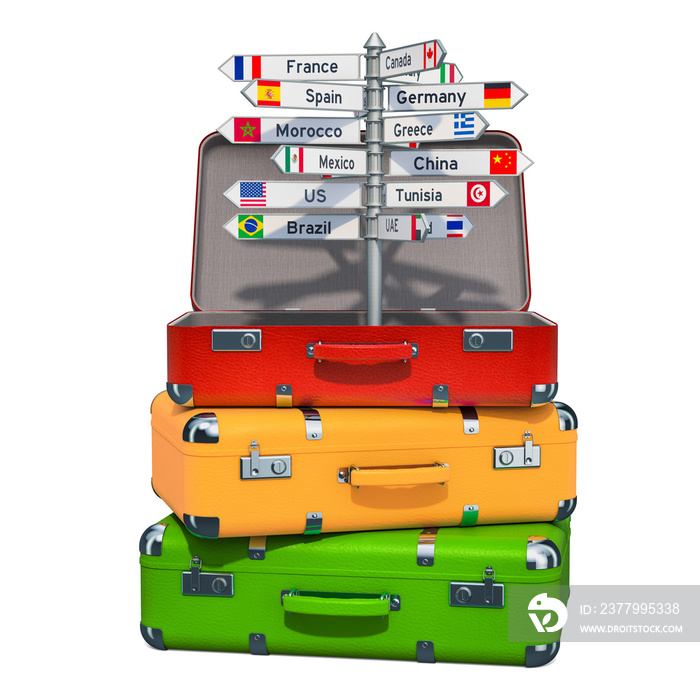 Travel concept. Signpost with names of countries inside suitcase on the heap of luggage. 3D renderin