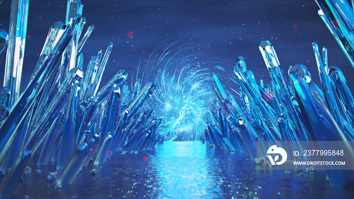 Walkway of blue crystal minerals 3D rendering illustration