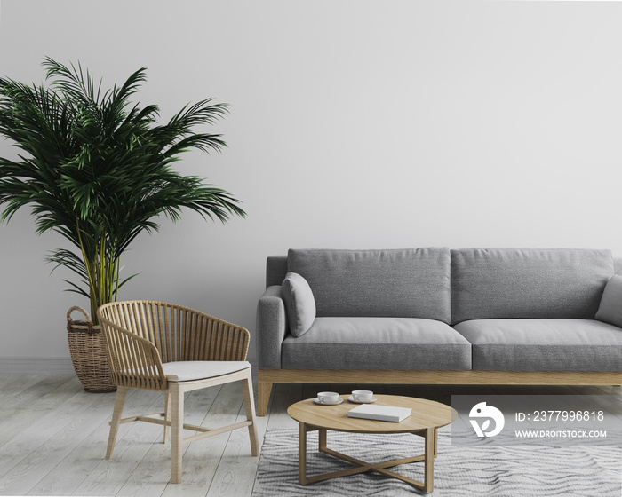 Modern interior of living room mock up in gray tones with gray sofa and wooden armchair, palm tree a