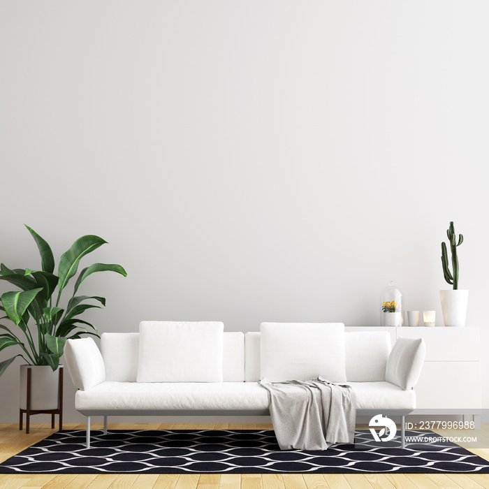 Interior Living Wall Background Mockup with Sofa Furniture and Decor - 3d Rendering, 3d Illustration