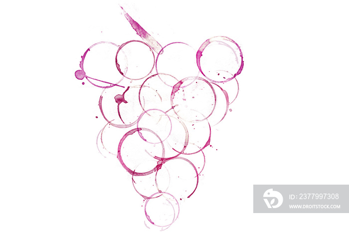 Stains from wine glasses form the shape of a bunch of grapes with a stem. Isolated on a white backgr