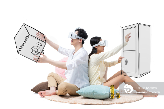 年轻情侣在玩VR游戏