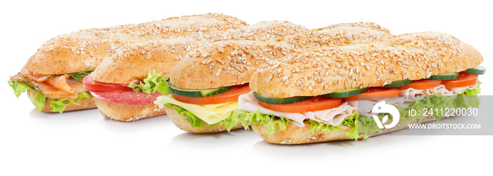 Sub sandwiches with salami ham cheese salmon fish whole grains isolated on white