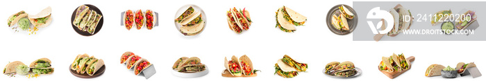 Collection of traditional tacos on white background