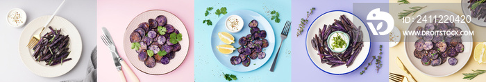 Collage of plates with slices of fried purple potatoes with sauce and herbs on color background, top view